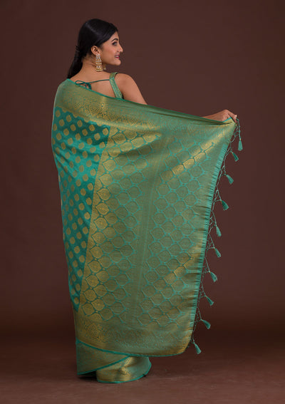 Sea Green Zariwork Art Silk Unstitched Saree-Koskii