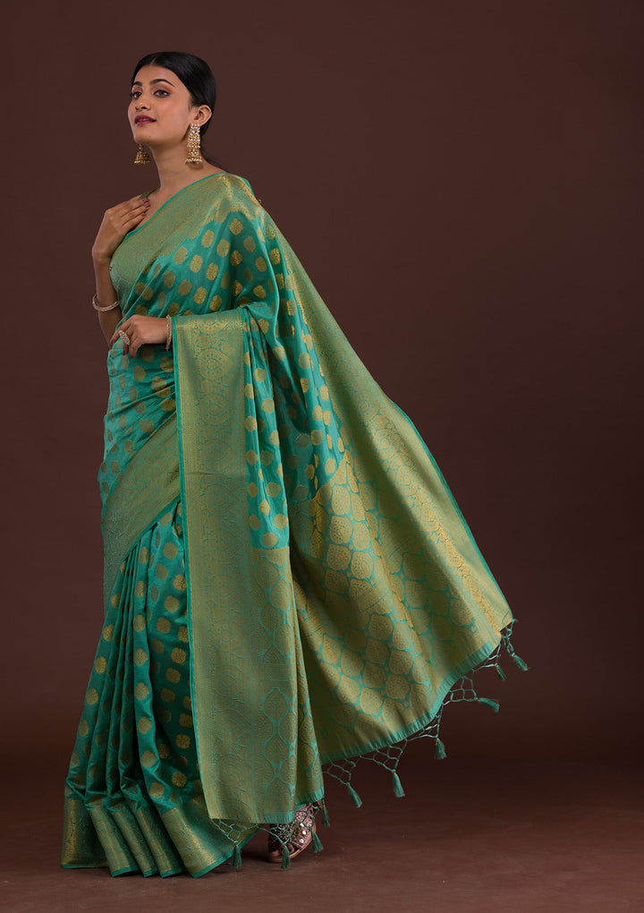 Sea Green Zariwork Art Silk Unstitched Saree-Koskii