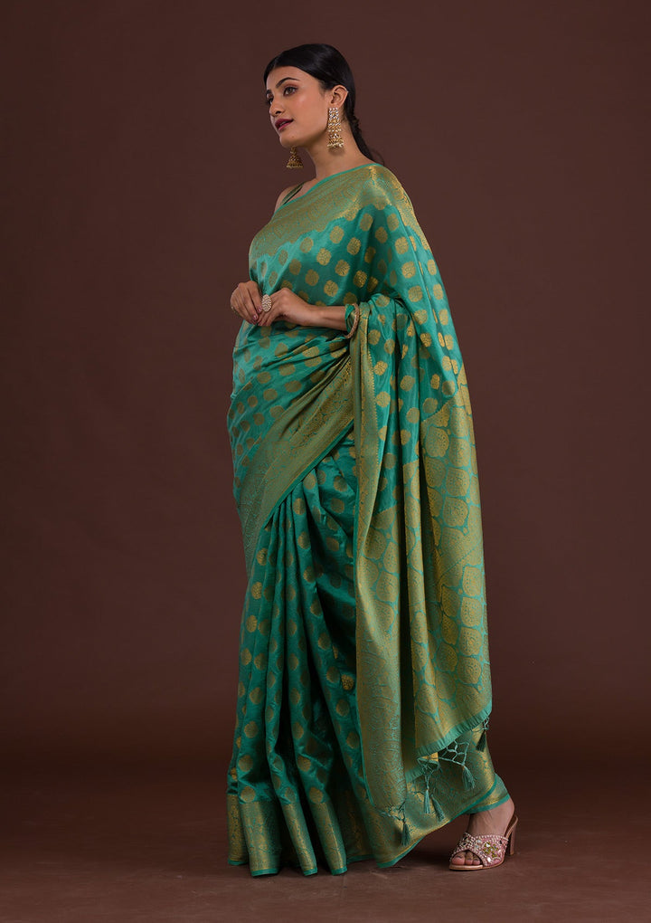 Sea Green Zariwork Art Silk Unstitched Saree-Koskii