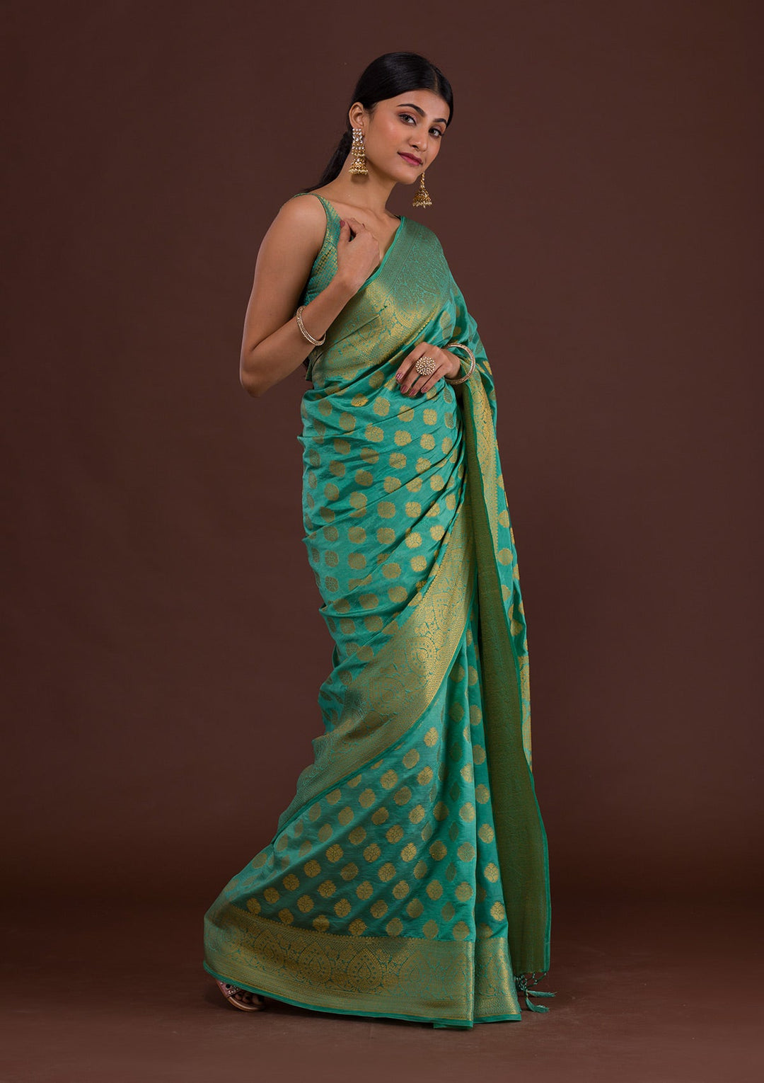 Sea Green Zariwork Art Silk Unstitched Saree-Koskii