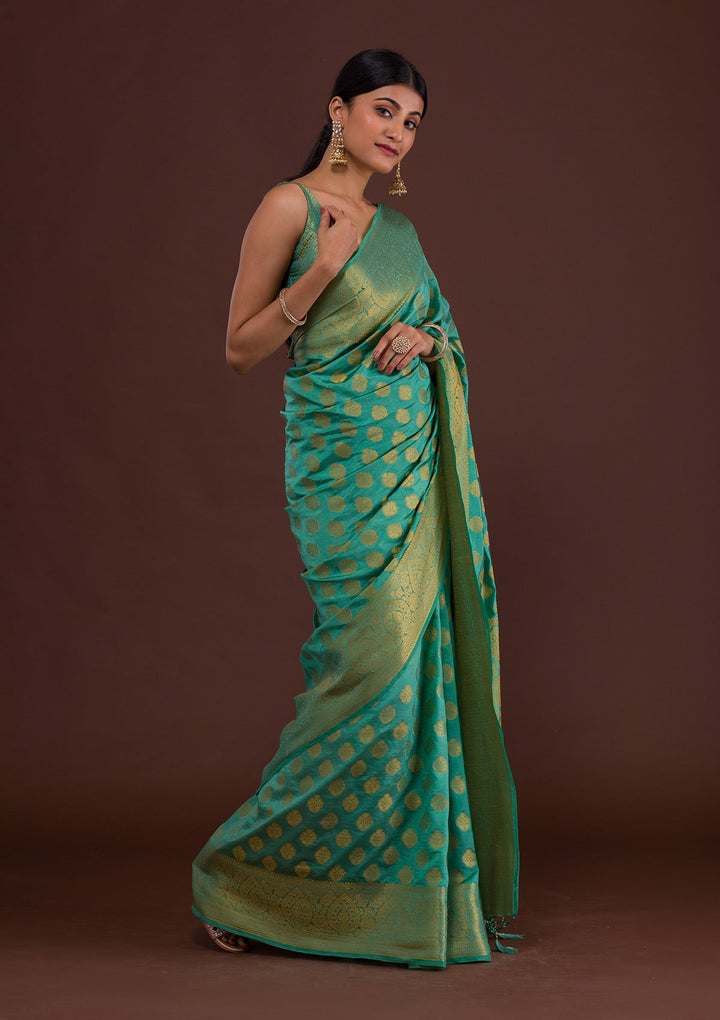 Sea Green Zariwork Art Silk Unstitched Saree-Koskii