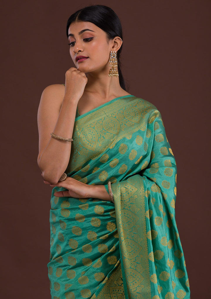 Sea Green Zariwork Art Silk Unstitched Saree-Koskii