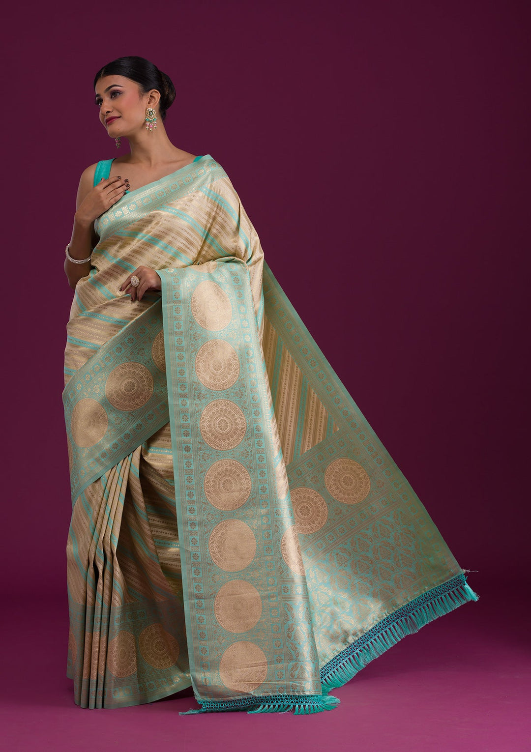 Sea Green Zariwork Art Silk Saree-Koskii