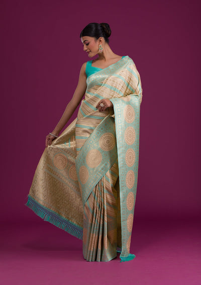 Sea Green Zariwork Art Silk Unstitched Saree-Koskii