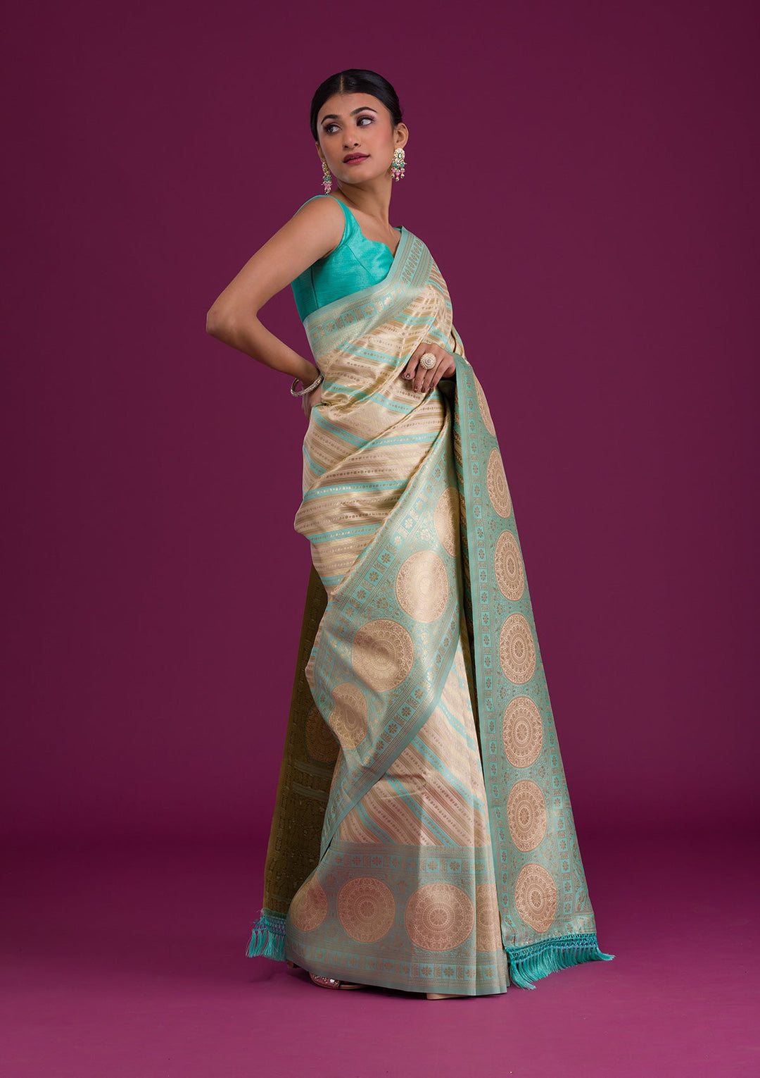Sea Green Zariwork Art Silk Unstitched Saree-Koskii