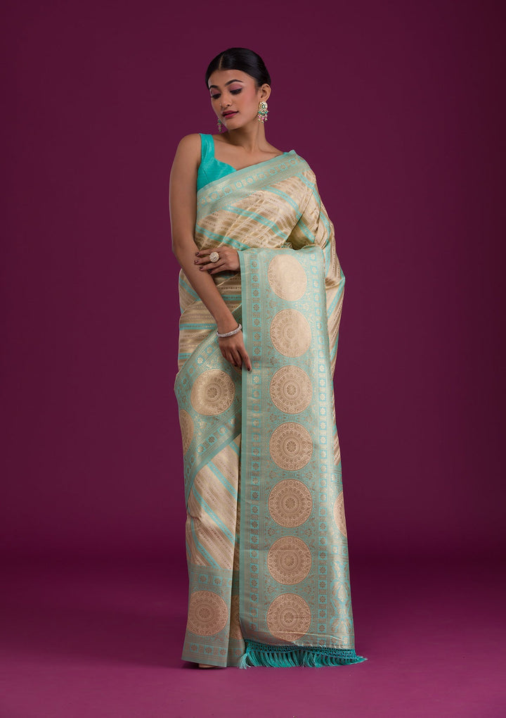 Sea Green Zariwork Art Silk Unstitched Saree-Koskii