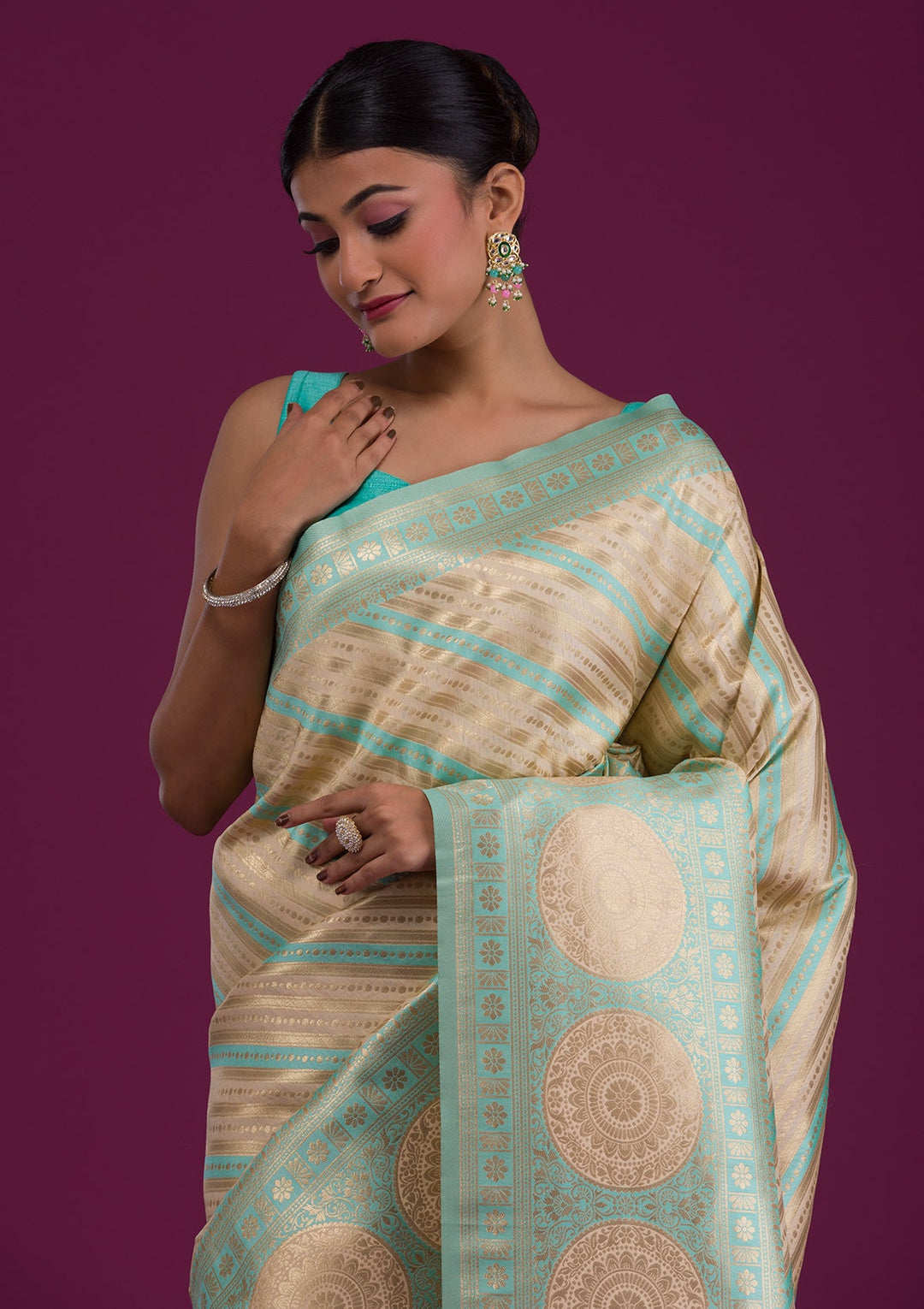 Sea Green Zariwork Art Silk Unstitched Saree-Koskii