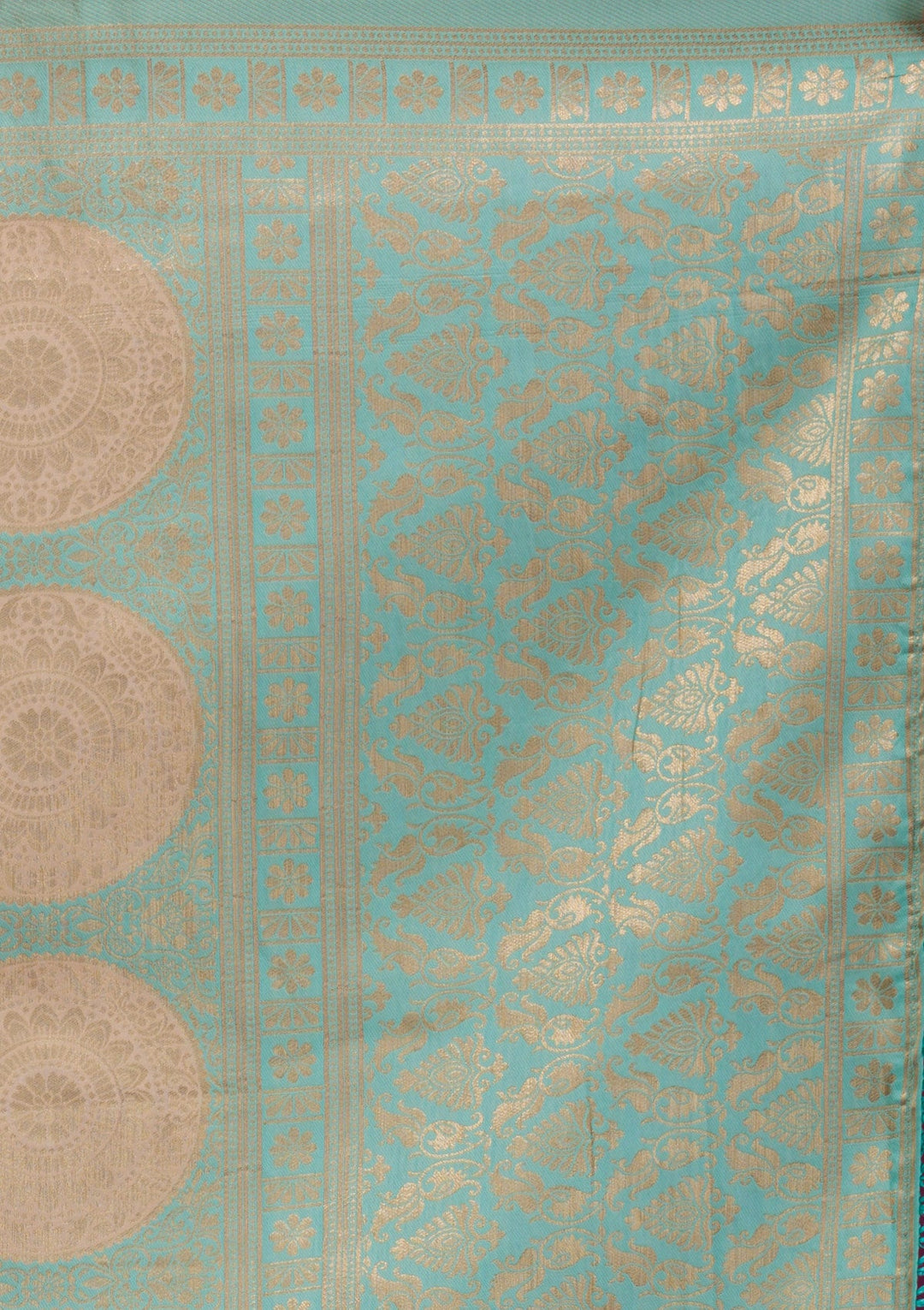 Sea Green Zariwork Art Silk Unstitched Saree-Koskii