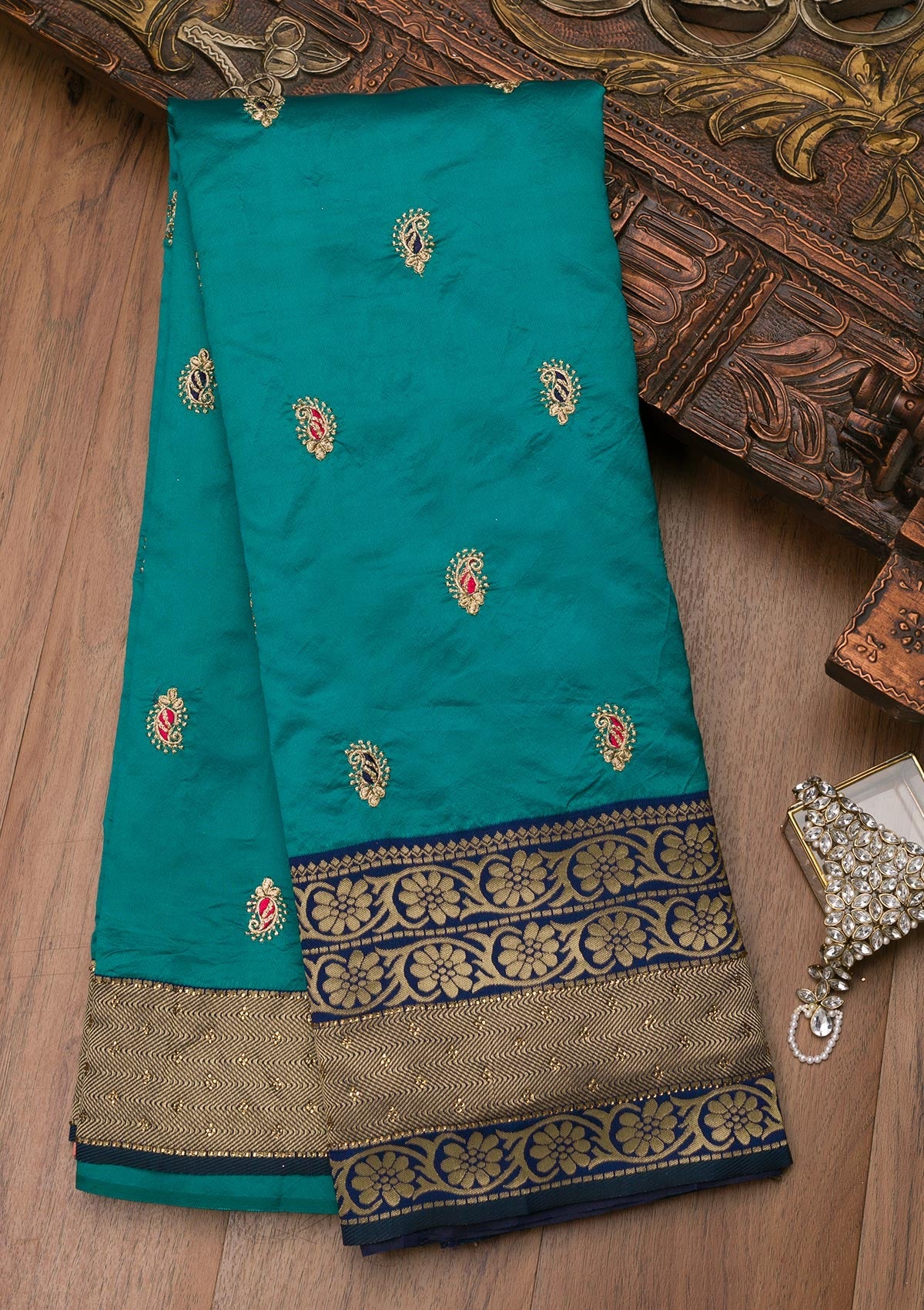 Sea Green Zariwork Art Silk Saree-Koskii