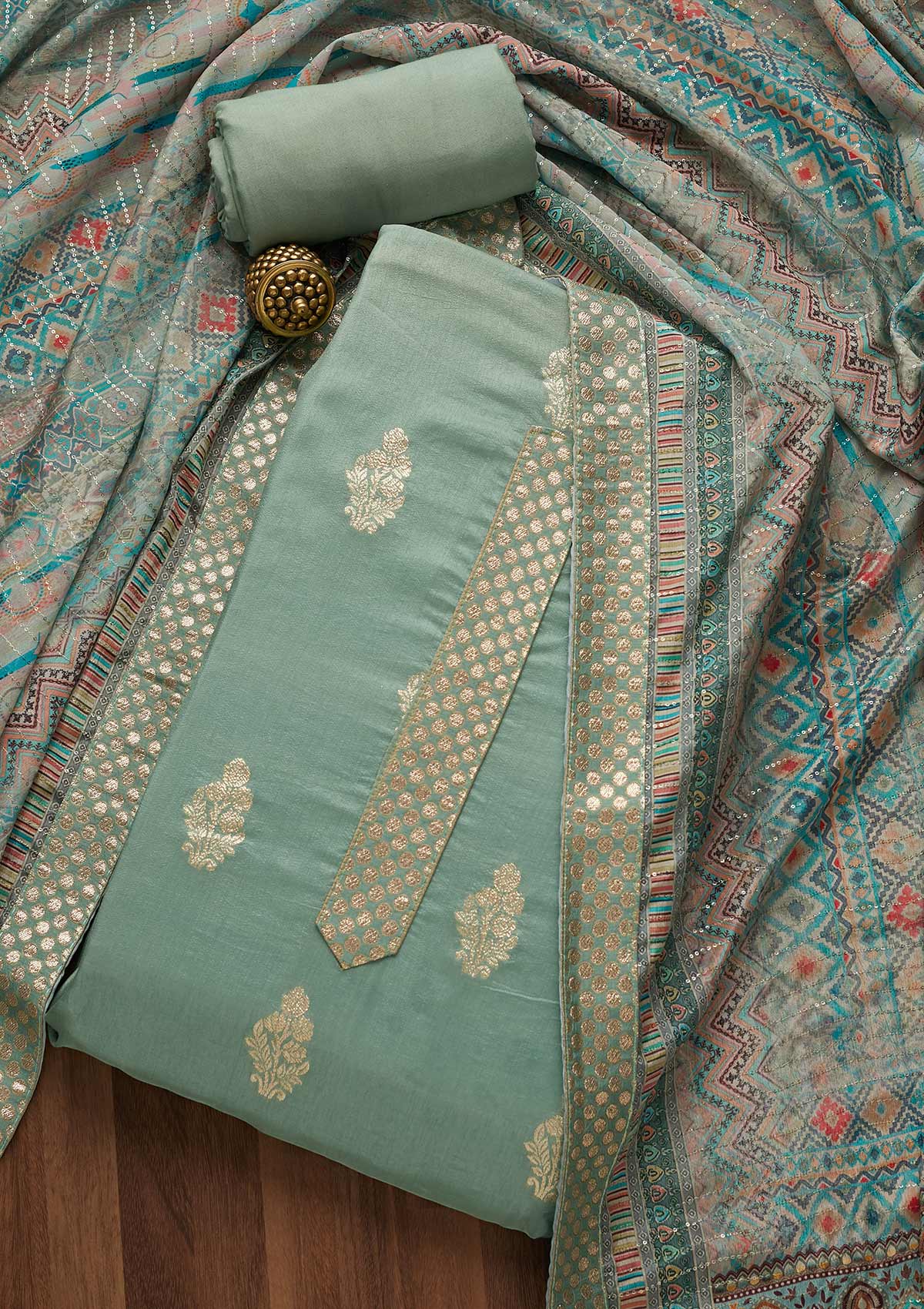 Sea Green Zariwork Chanderi Semi-Stitched Salwar Suit-Koskii