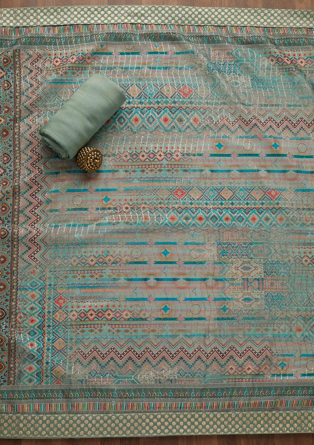 Sea Green Zariwork Chanderi Semi-Stitched Salwar Suit-Koskii