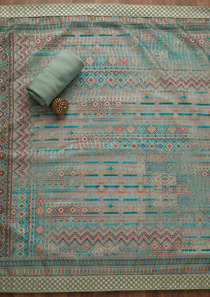 Sea Green Zariwork Chanderi Semi-Stitched Salwar Suit-Koskii