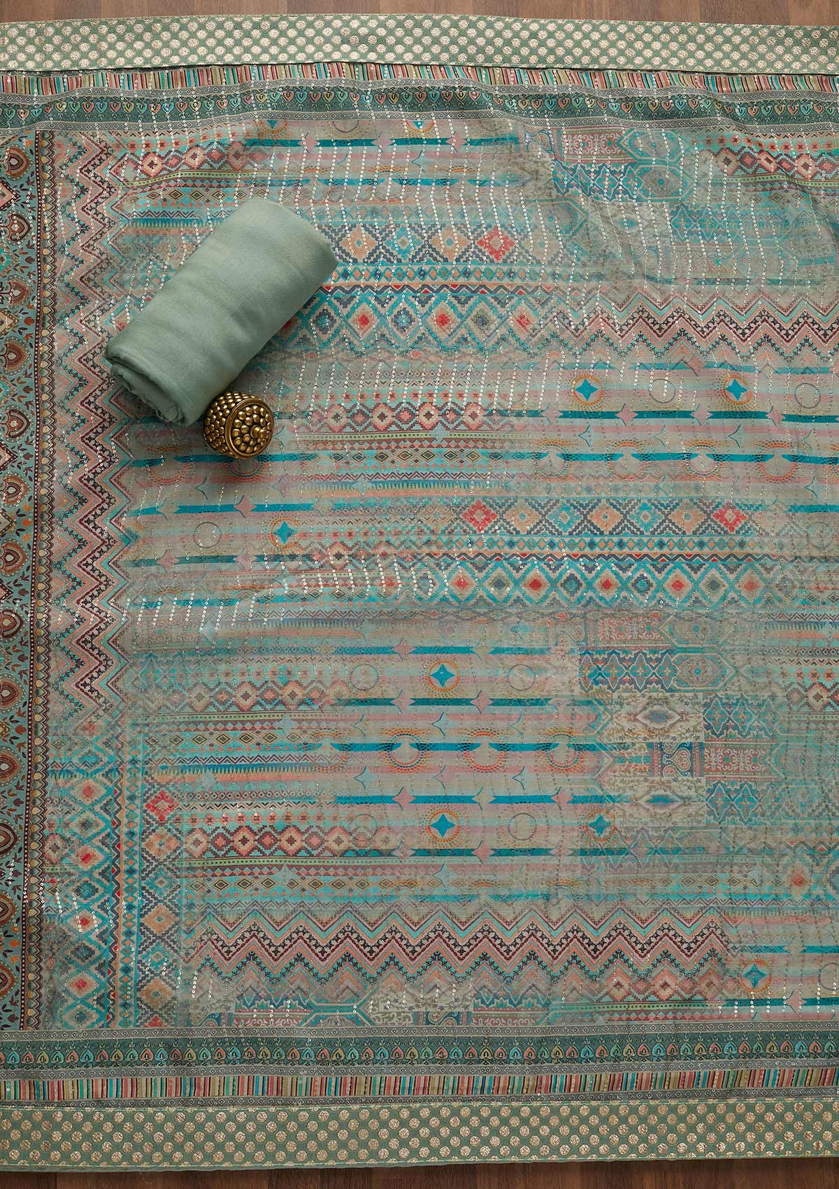Sea Green Zariwork Chanderi Semi-Stitched Salwar Suit-Koskii