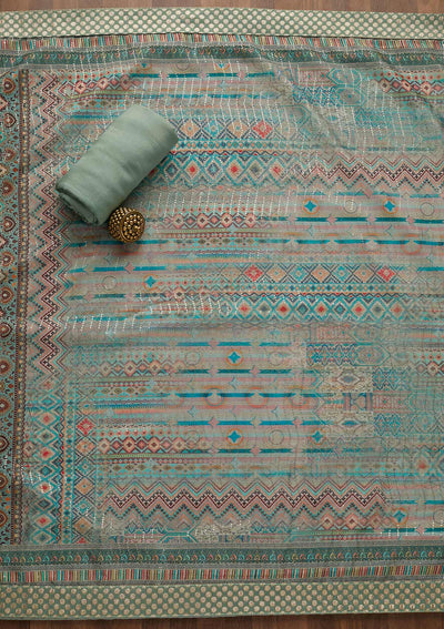 Sea Green Zariwork Chanderi Semi-Stitched Salwar Suit-Koskii