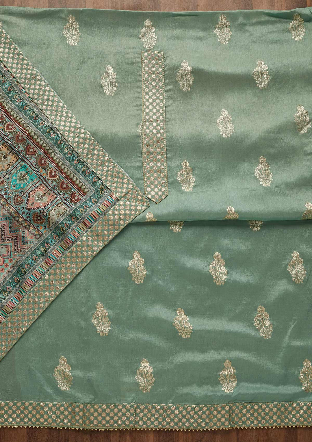 Sea Green Zariwork Chanderi Semi-Stitched Salwar Suit-Koskii