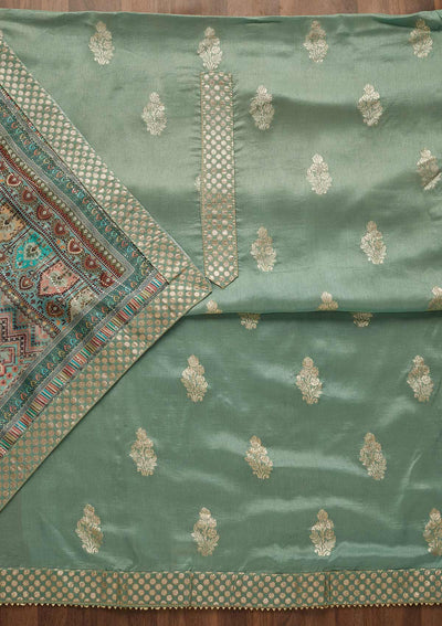 Sea Green Zariwork Chanderi Semi-Stitched Salwar Suit-Koskii