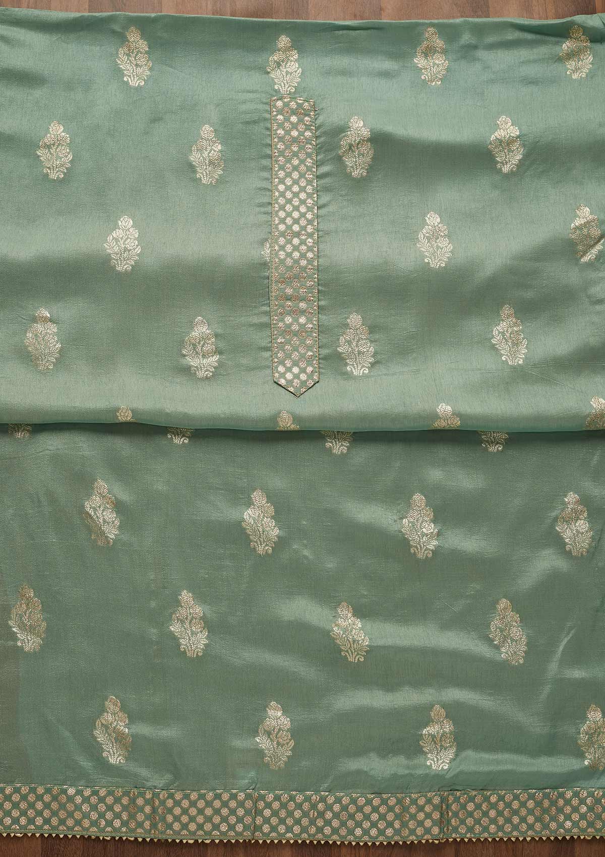 Sea Green Zariwork Chanderi Semi-Stitched Salwar Suit-Koskii