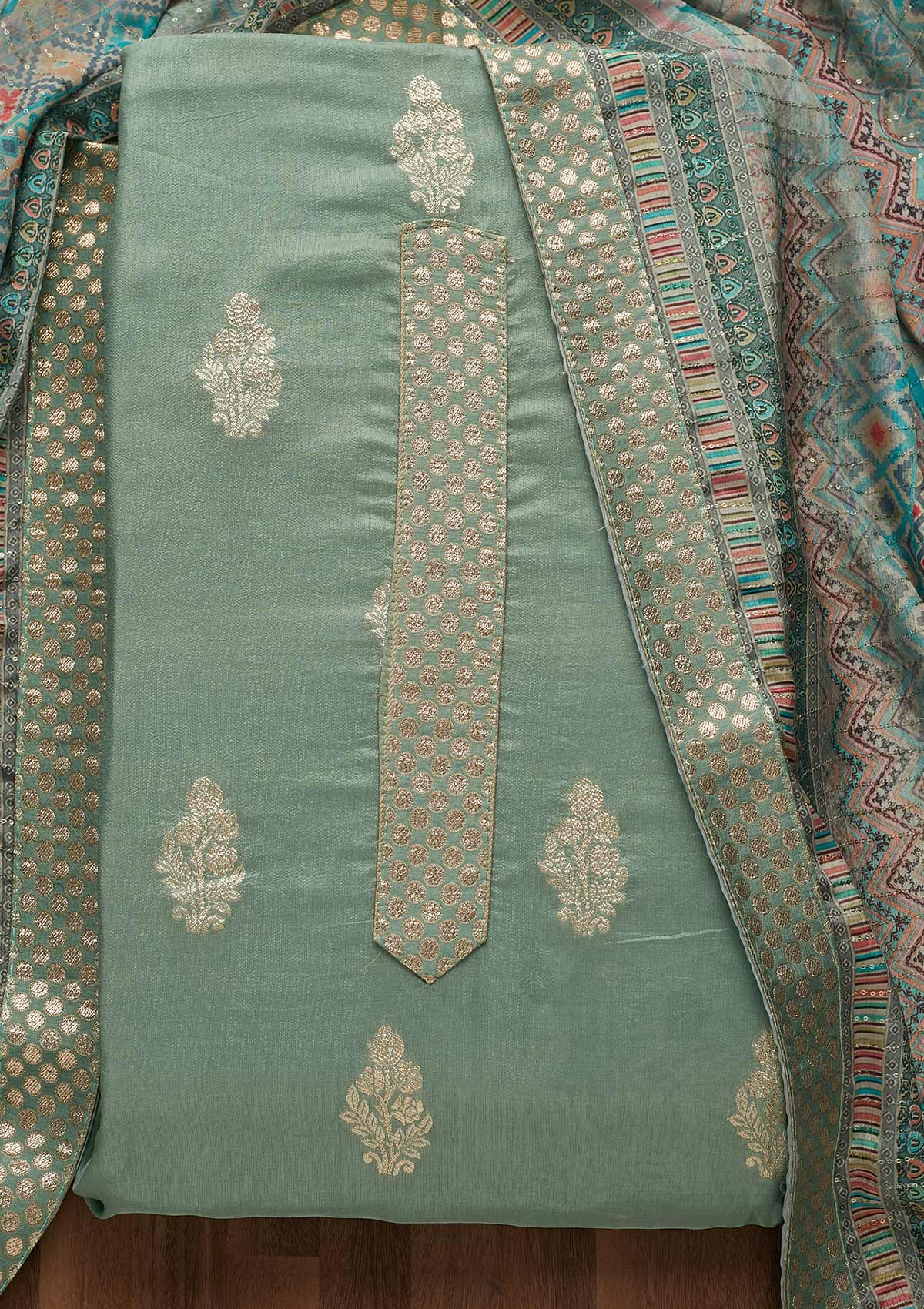Sea Green Zariwork Chanderi Semi-Stitched Salwar Suit-Koskii