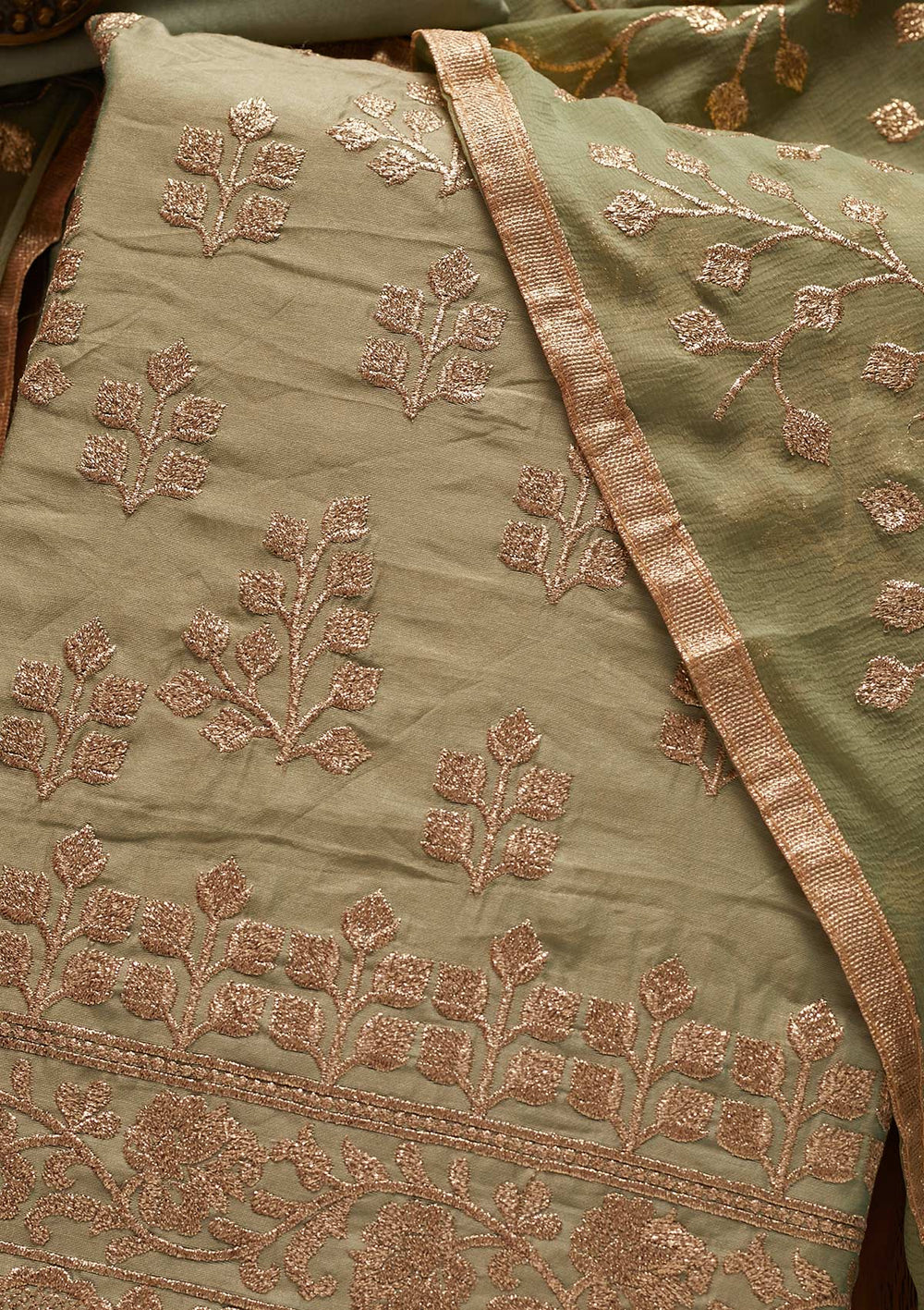 Sea Green Zariwork Chanderi Designer Unstitched Salwar Suit - koskii