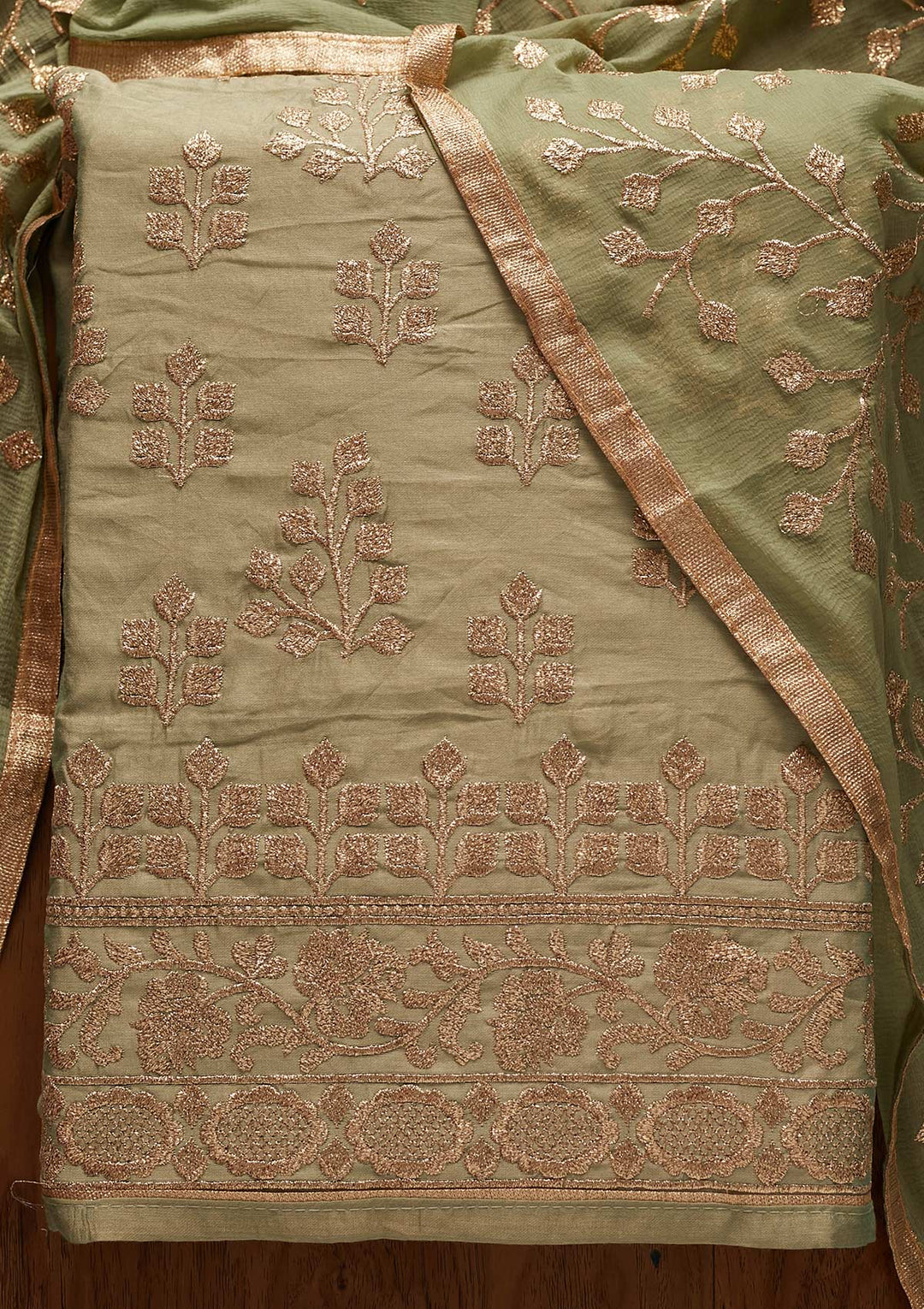 Sea Green Zariwork Chanderi Designer Unstitched Salwar Suit - koskii