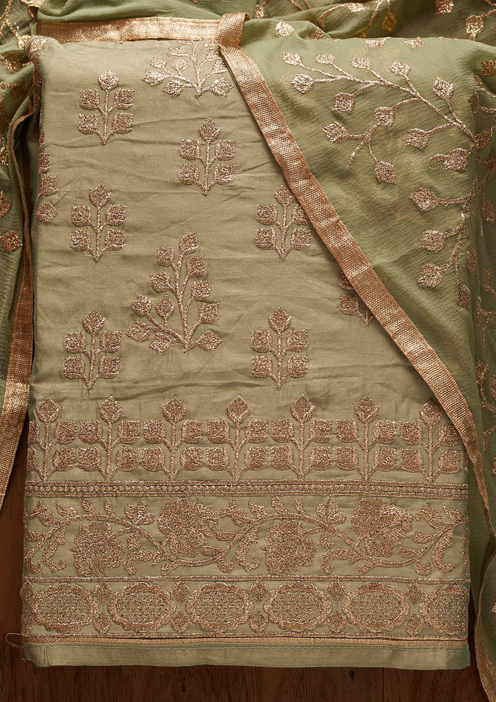 Sea Green Zariwork Chanderi Designer Unstitched Salwar Suit - koskii
