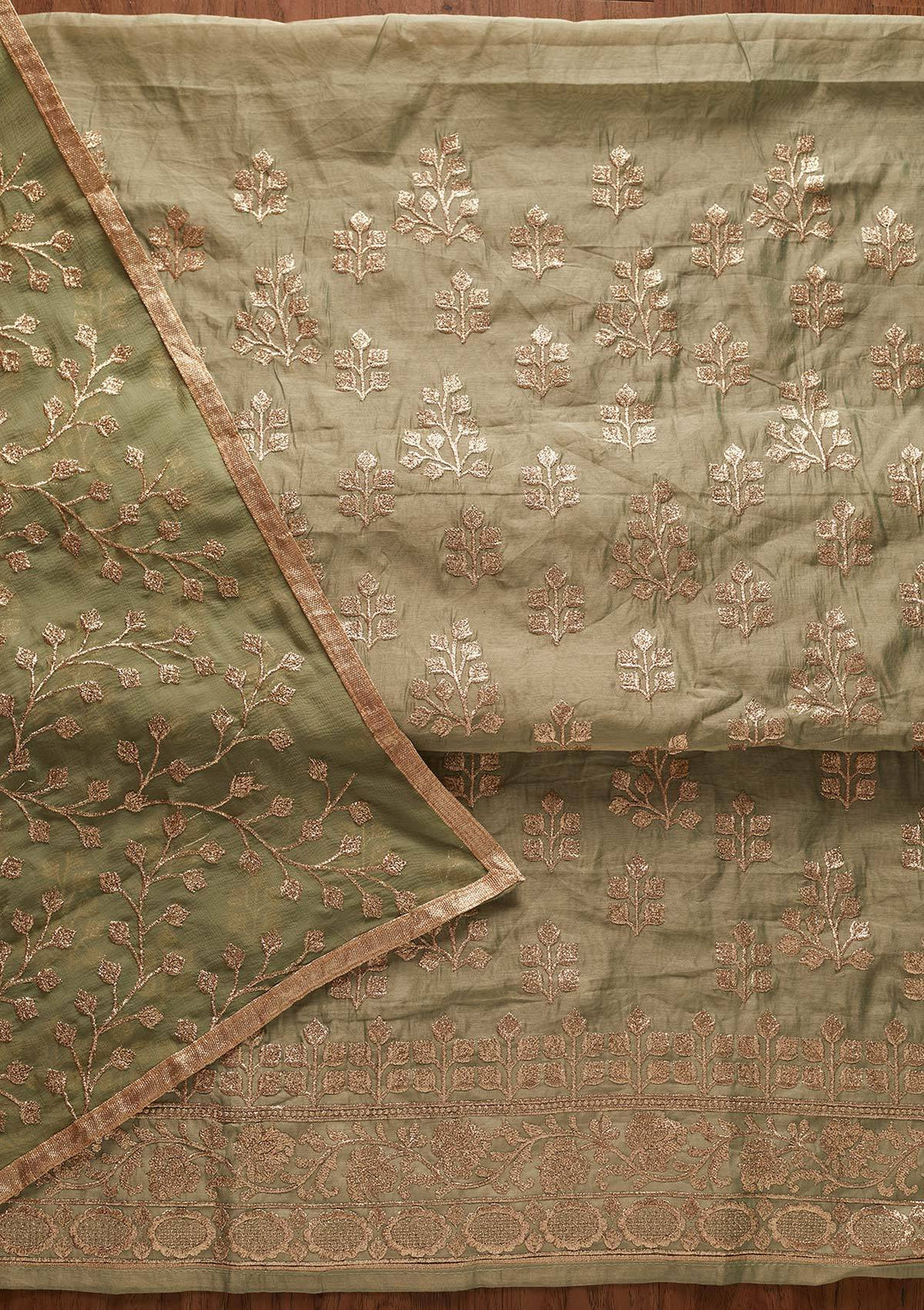 Sea Green Zariwork Chanderi Designer Unstitched Salwar Suit - koskii