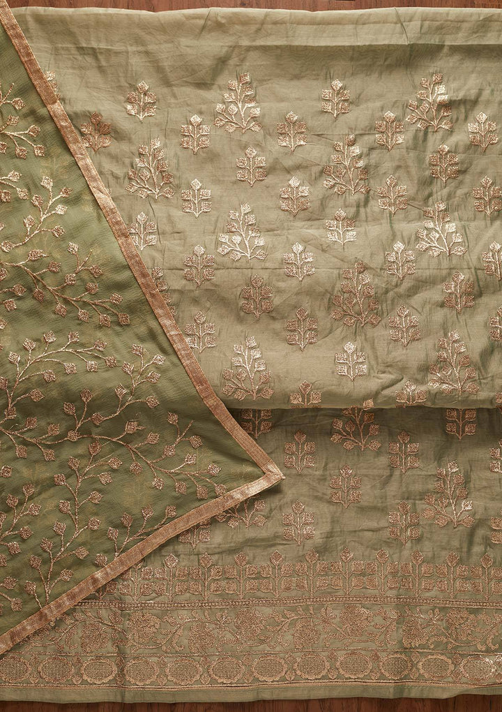Sea Green Zariwork Chanderi Designer Unstitched Salwar Suit - koskii