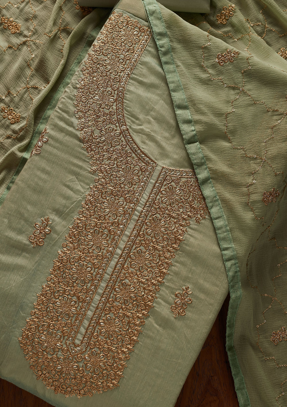 Sea Green Zariwork Chanderi Designer Unstitched Salwar Suit - koskii