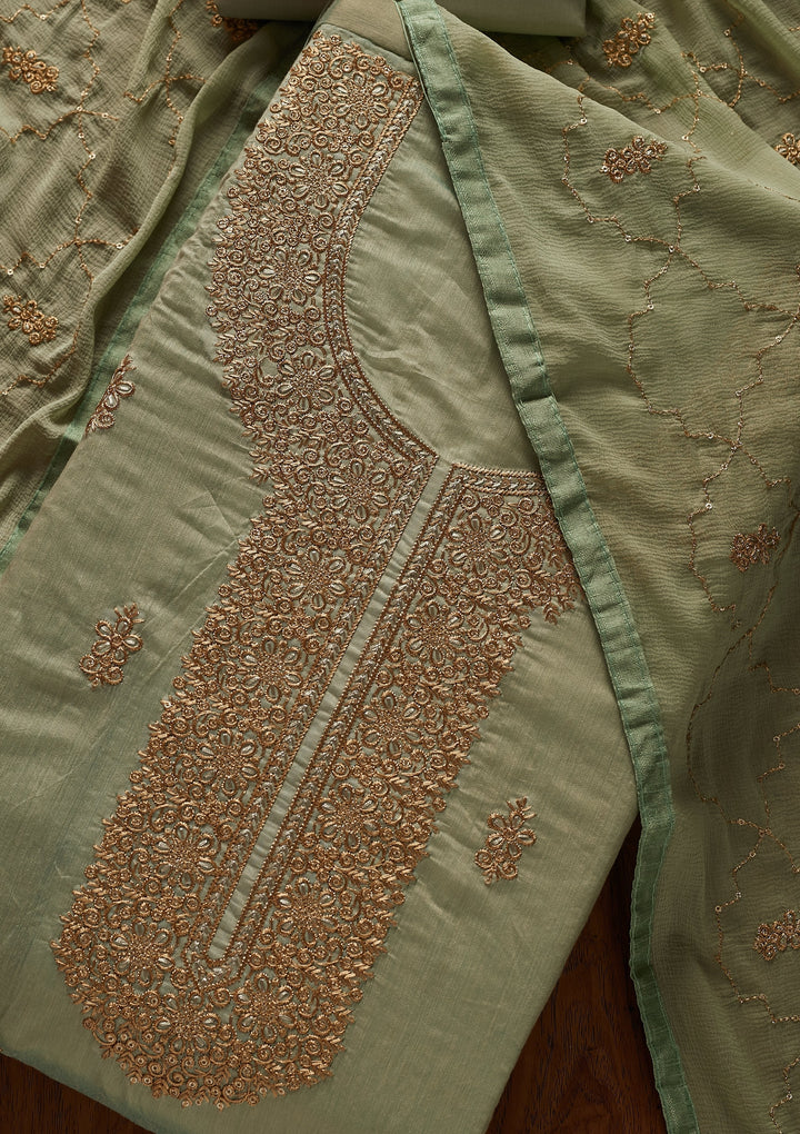 Sea Green Zariwork Chanderi Designer Unstitched Salwar Suit - koskii