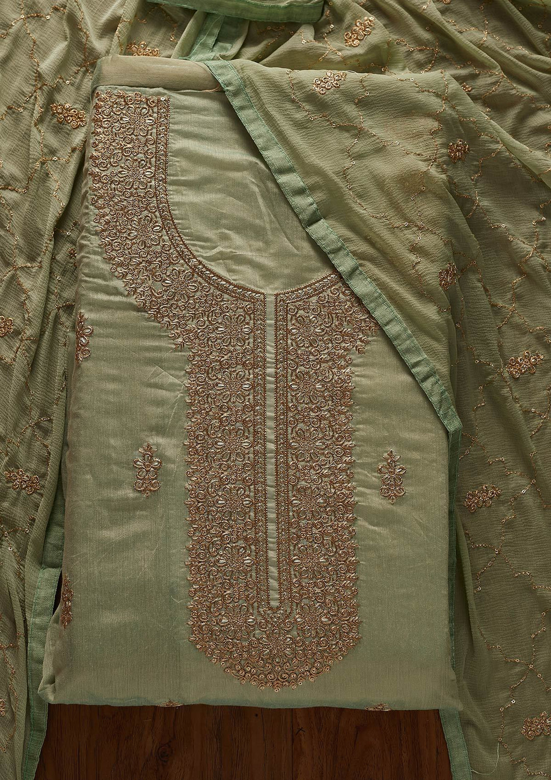 Sea Green Zariwork Chanderi Designer Unstitched Salwar Suit - koskii