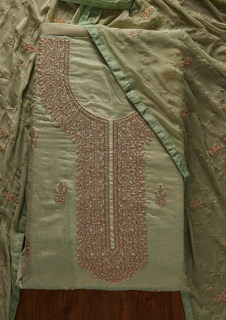 Sea Green Zariwork Chanderi Designer Unstitched Salwar Suit - koskii
