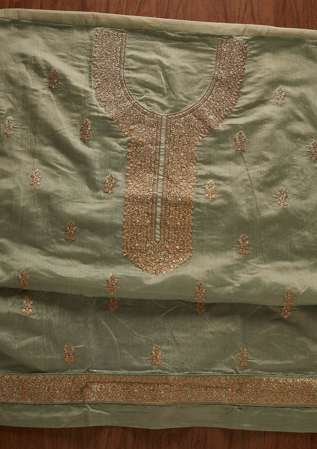 Sea Green Zariwork Chanderi Designer Unstitched Salwar Suit - koskii
