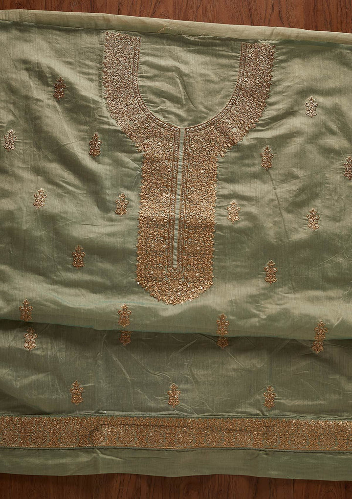 Sea Green Zariwork Chanderi Designer Unstitched Salwar Suit - koskii