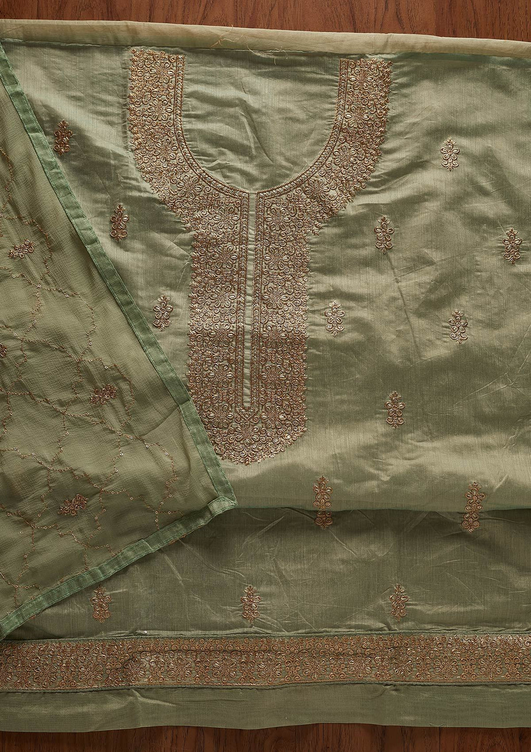 Sea Green Zariwork Chanderi Designer Unstitched Salwar Suit - koskii