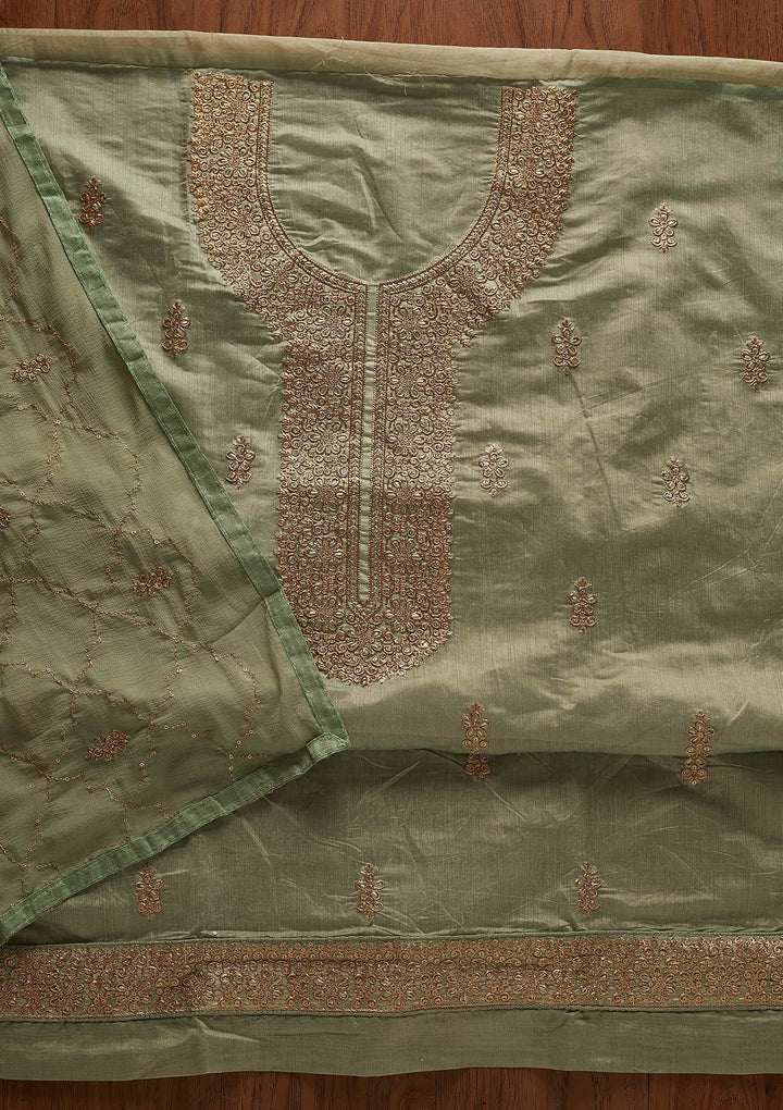 Sea Green Zariwork Chanderi Designer Unstitched Salwar Suit - koskii