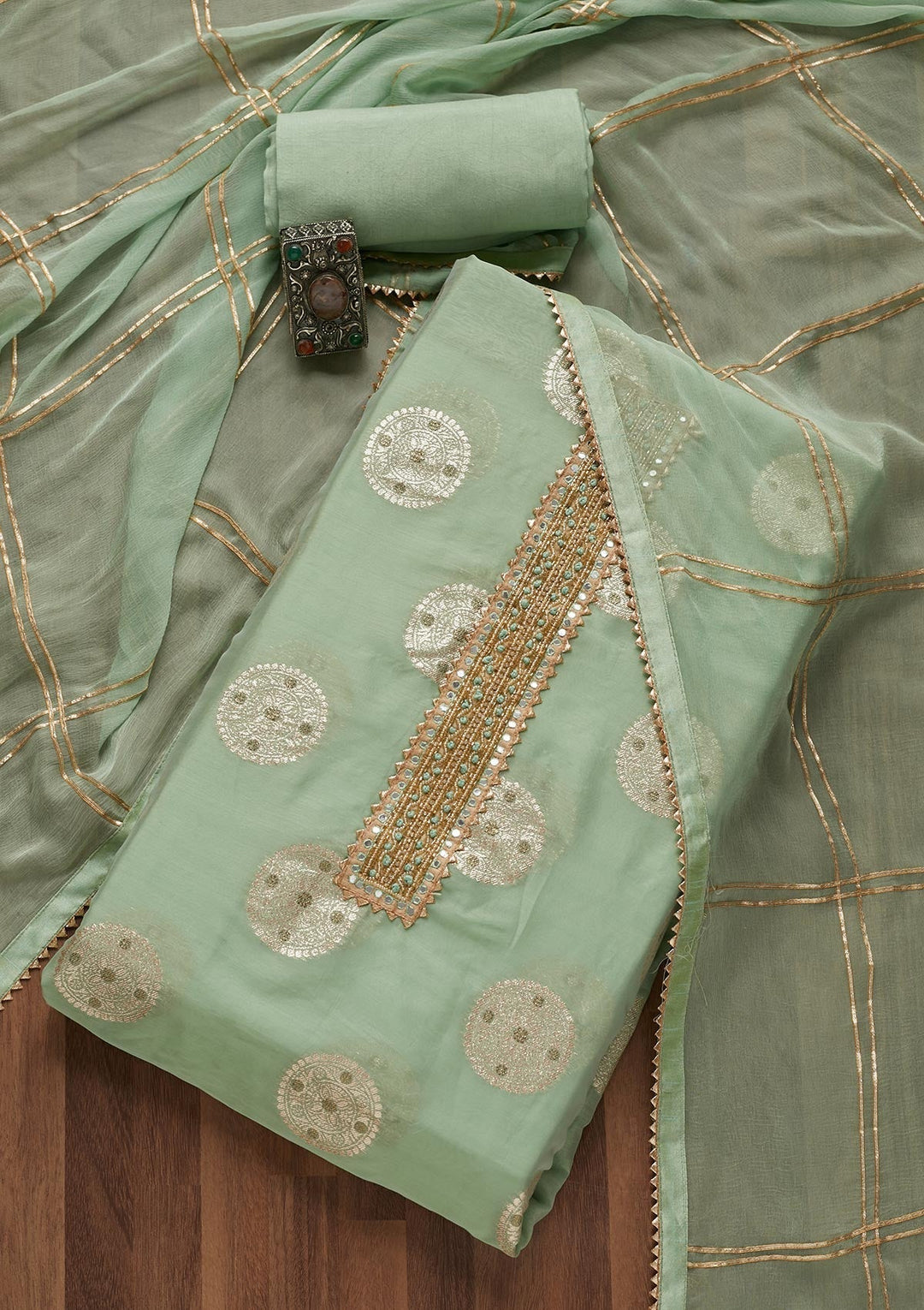 Sea Green Zariwork Chanderi Unstitched Salwar Suit- Koskii