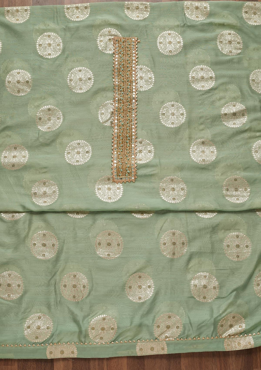 Sea Green Zariwork Chanderi Unstitched Salwar Suit - Koskii