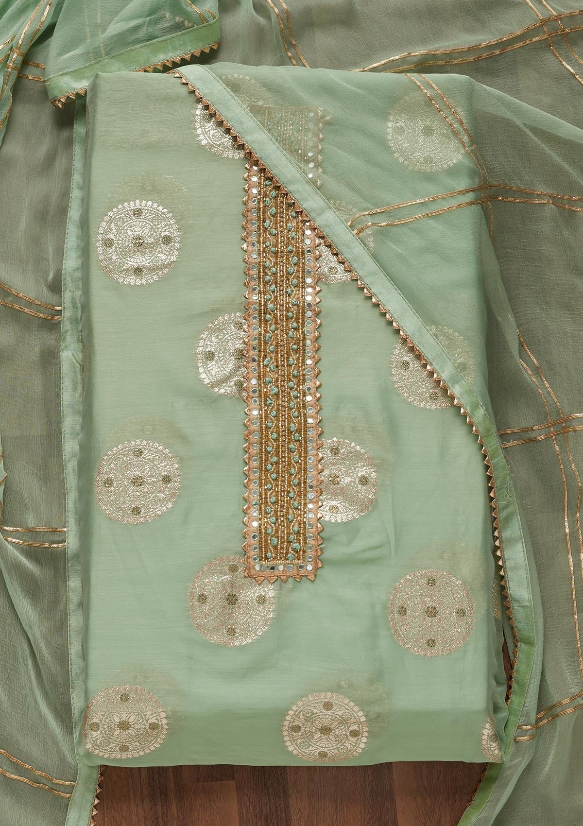Sea Green Zariwork Chanderi Unstitched Salwar Suit - Koskii