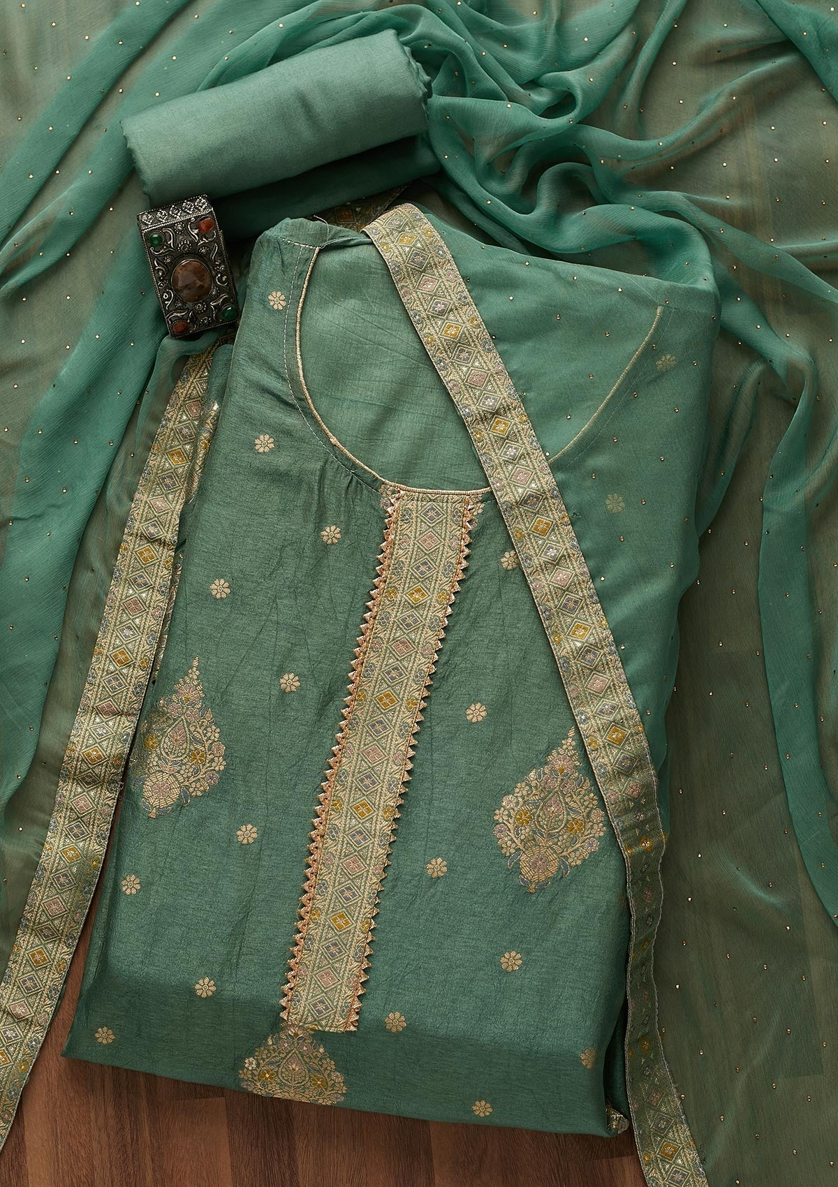 Sea Green Zariwork Chanderi Unstitched Salwar Suit-Koskii