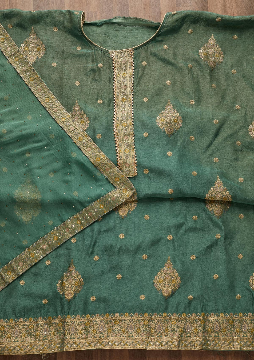 Sea Green Zariwork Chanderi Unstitched Salwar Suit-Koskii