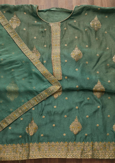 Sea Green Zariwork Chanderi Unstitched Salwar Suit-Koskii