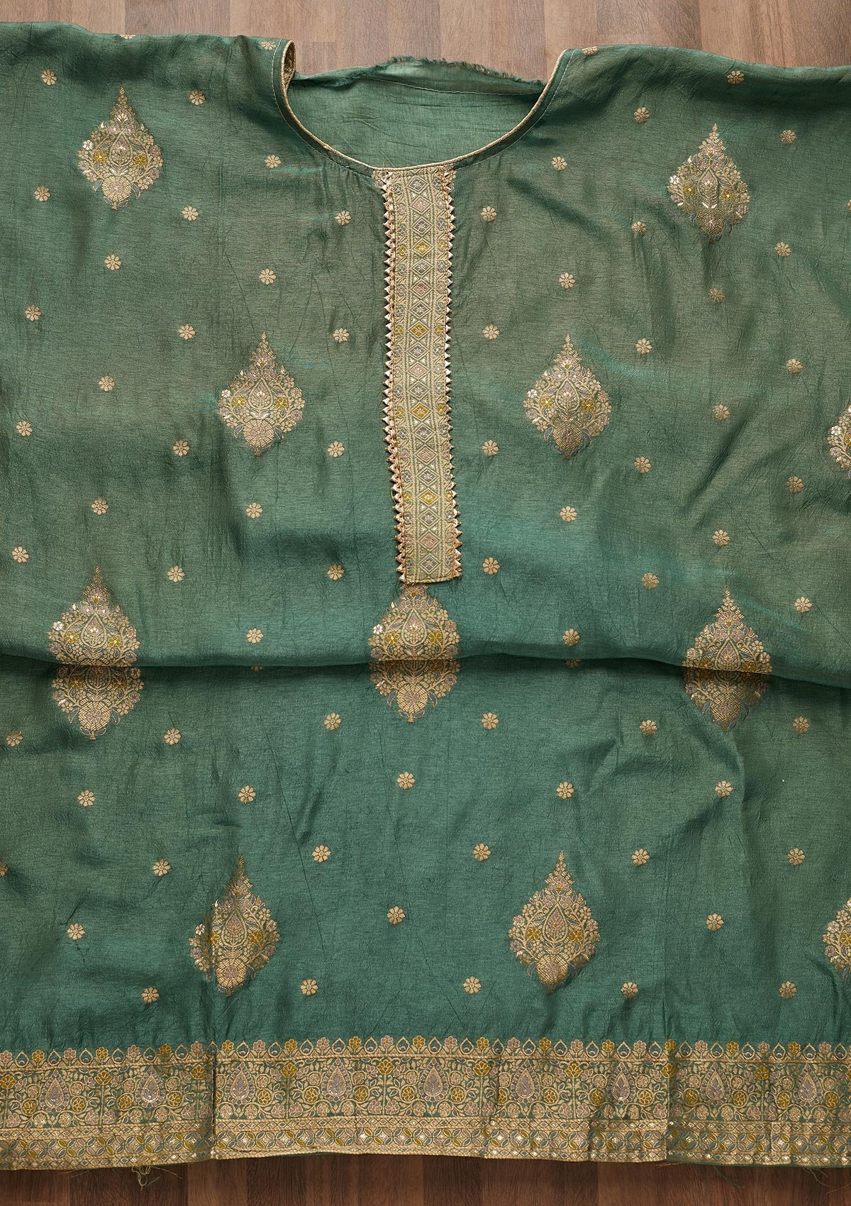 Sea Green Zariwork Chanderi Unstitched Salwar Suit-Koskii