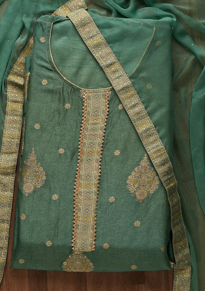 Sea Green Zariwork Chanderi Unstitched Salwar Suit-Koskii