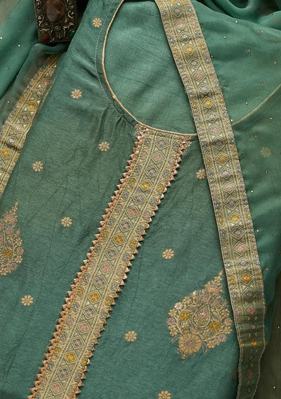 Sea Green Zariwork Chanderi Unstitched Salwar Suit-Koskii