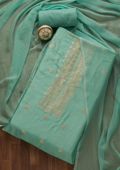 Sea Green Zariwork Chanderi Unstitched Salwar Suit-Koskii