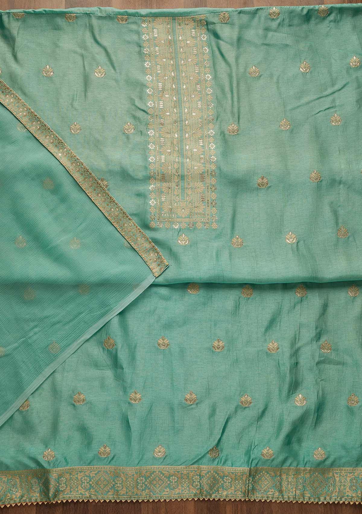 Sea Green Zariwork Chanderi Unstitched Salwar Suit-Koskii