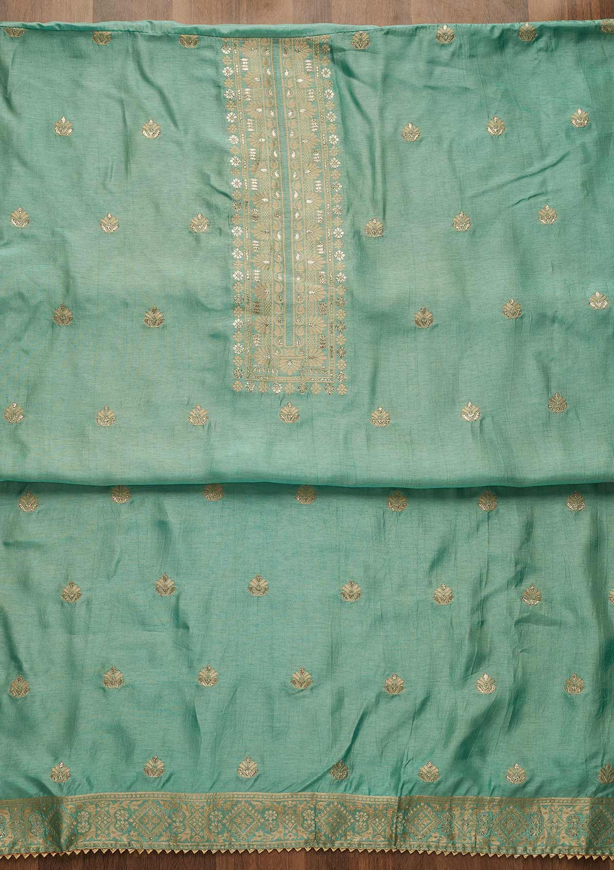 Sea Green Zariwork Chanderi Unstitched Salwar Suit-Koskii