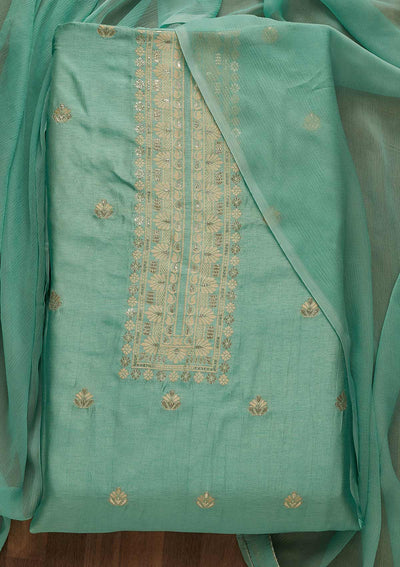 Sea Green Zariwork Chanderi Unstitched Salwar Suit-Koskii