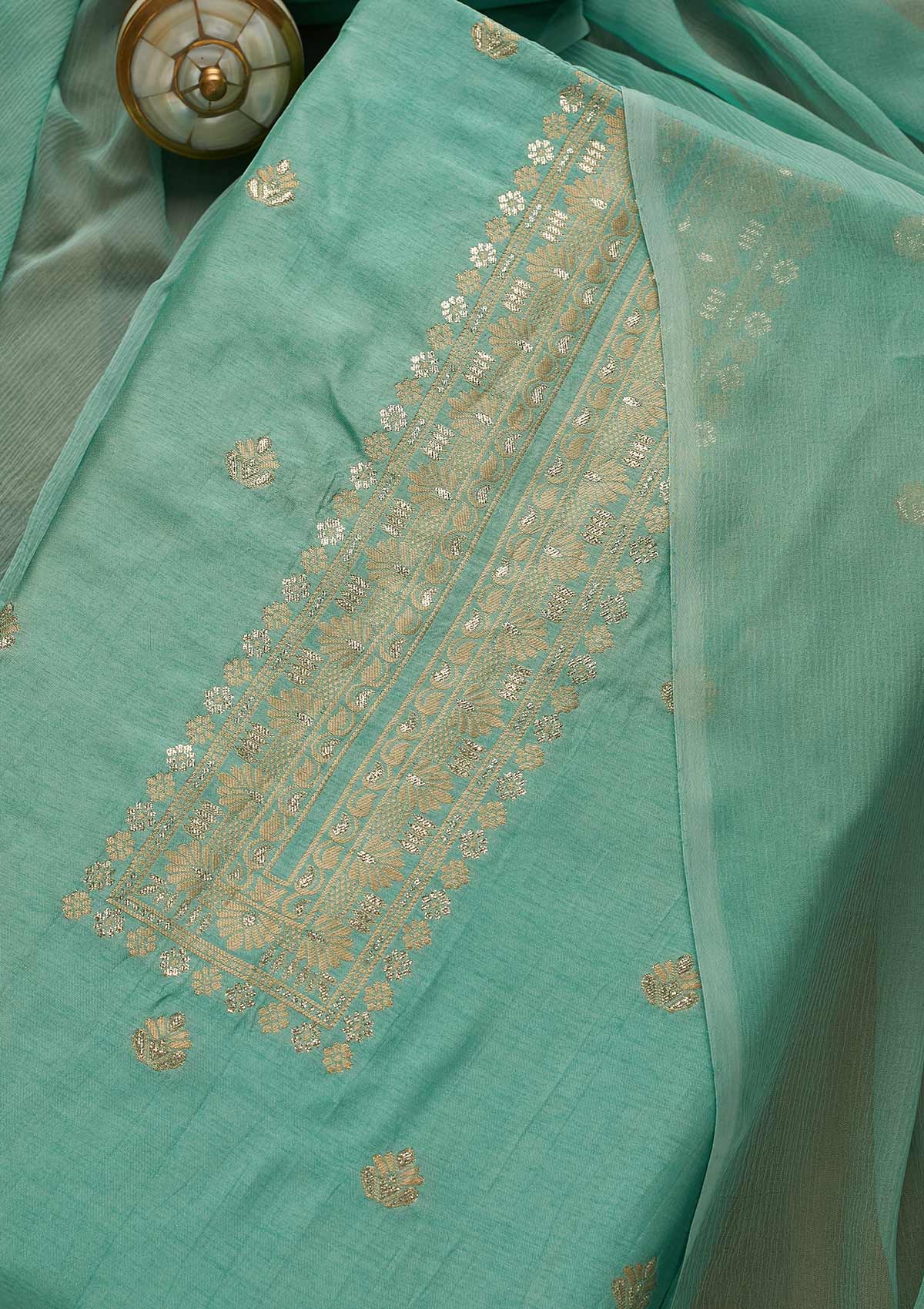 Sea Green Zariwork Chanderi Unstitched Salwar Suit-Koskii