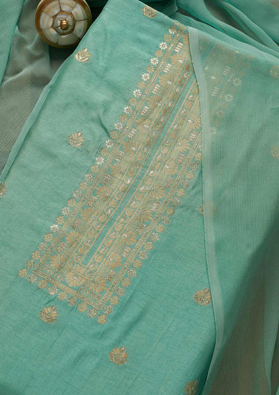 Sea Green Zariwork Chanderi Unstitched Salwar Suit-Koskii